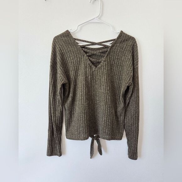 Green Ribknit Top Corset Tie Strappy Shirt Hippie Gypsy Casual Neutral Earthy - Picture 6 of 10